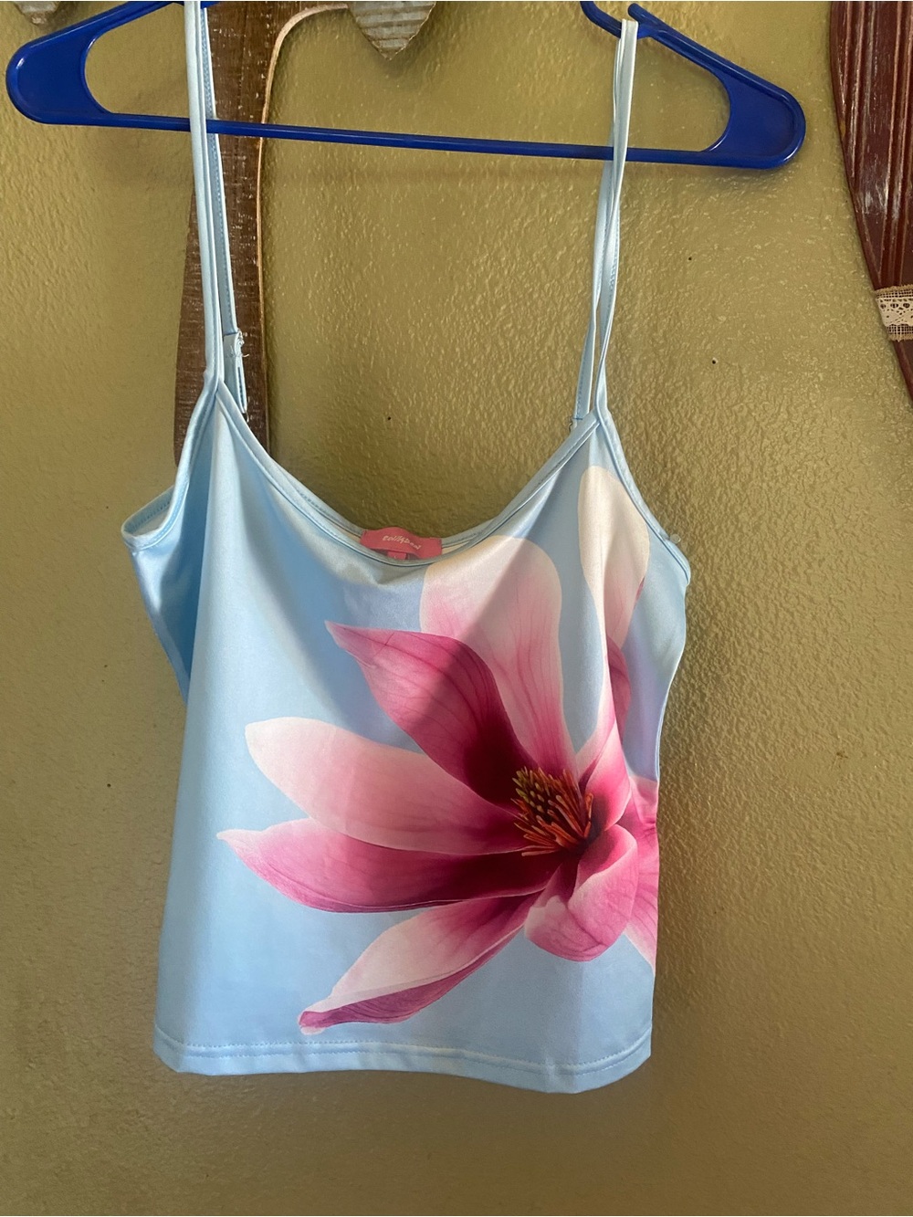 Edikted Light Blue crop Cami with Pink Floral Graphic